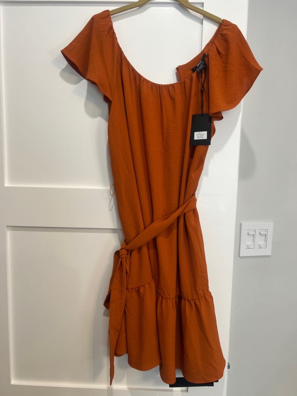 DKNY Rust Orange Off-Shoulder Belted Mini Dress